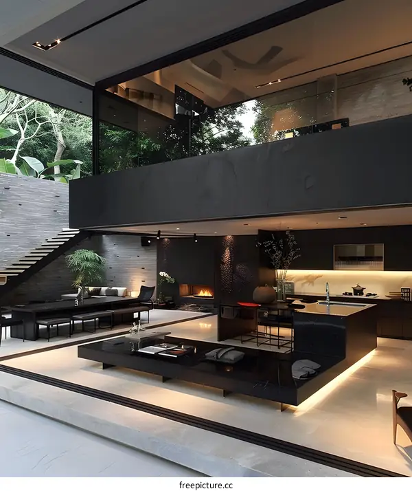 Modern Open Floor Plan Home Interior Design with Black Kitchen