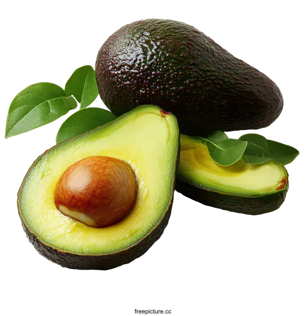 [Transparent Background PNG]Freshly Sliced Avocado with Green Leaves
