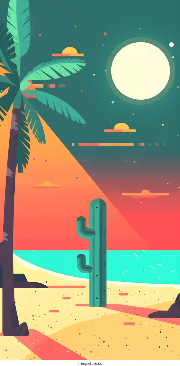Tropical Sunset Illustration with Palm Tree and Cactus