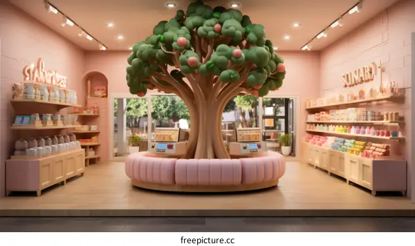 Pink store interior with a large tree in the center