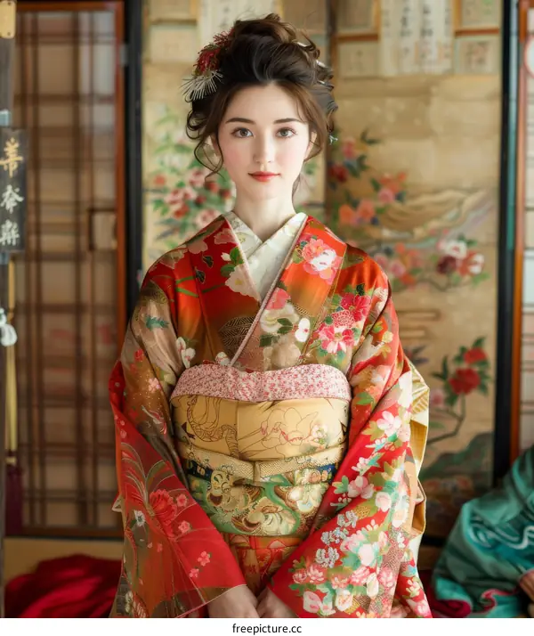 Portrait of a young woman in a kimono