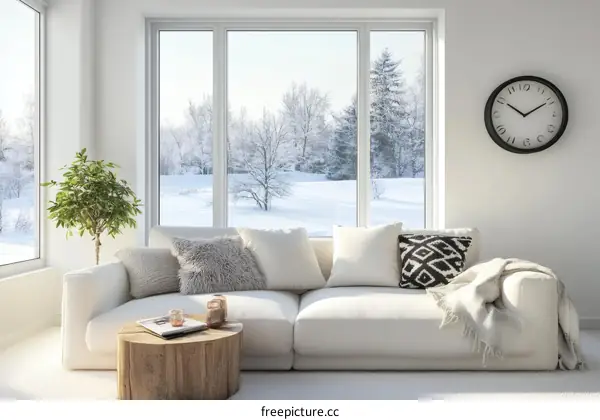 Cozy Winter Living Room with Snowy Landscape
