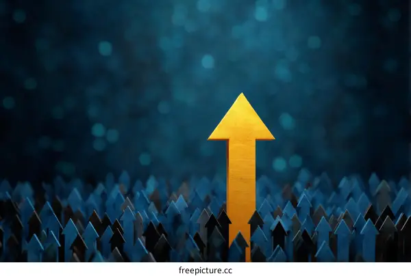 Gold upward arrow amidst many downward arrows