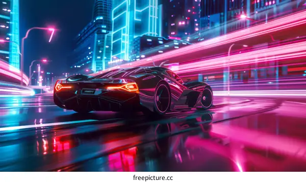 Sleek Black Sports Car Zooming Through Futuristic City at Night