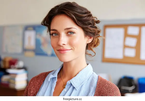Portrait of young woman with curly hair in classroom setting