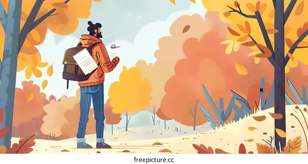 Man Standing in Autumn Forest With Backpack