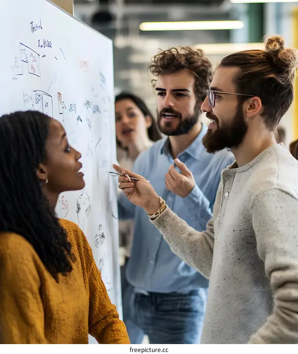 Group of Diverse Coworkers Brainstorming Ideas on Whiteboard in Modern Office