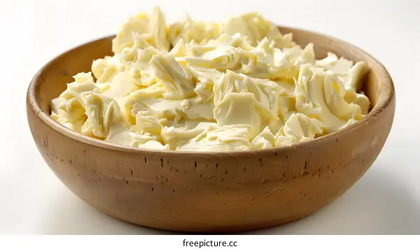 Closeup of Creamy Butter in a Wooden Bowl