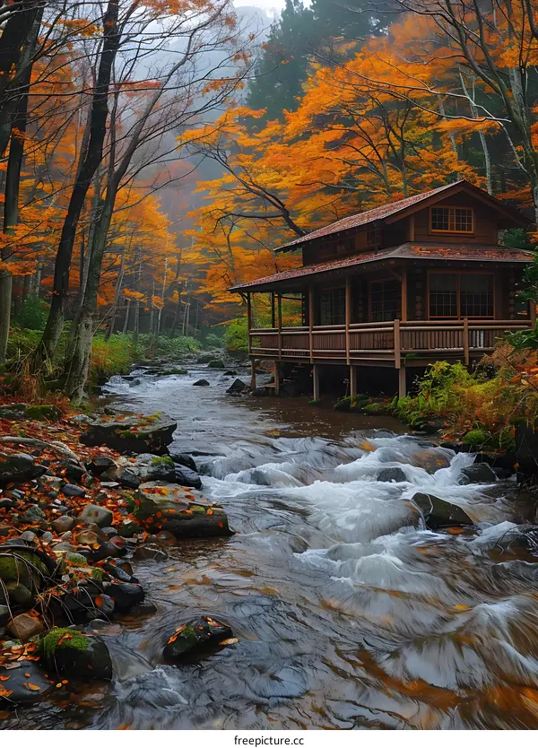 Autumn Cabin by the River