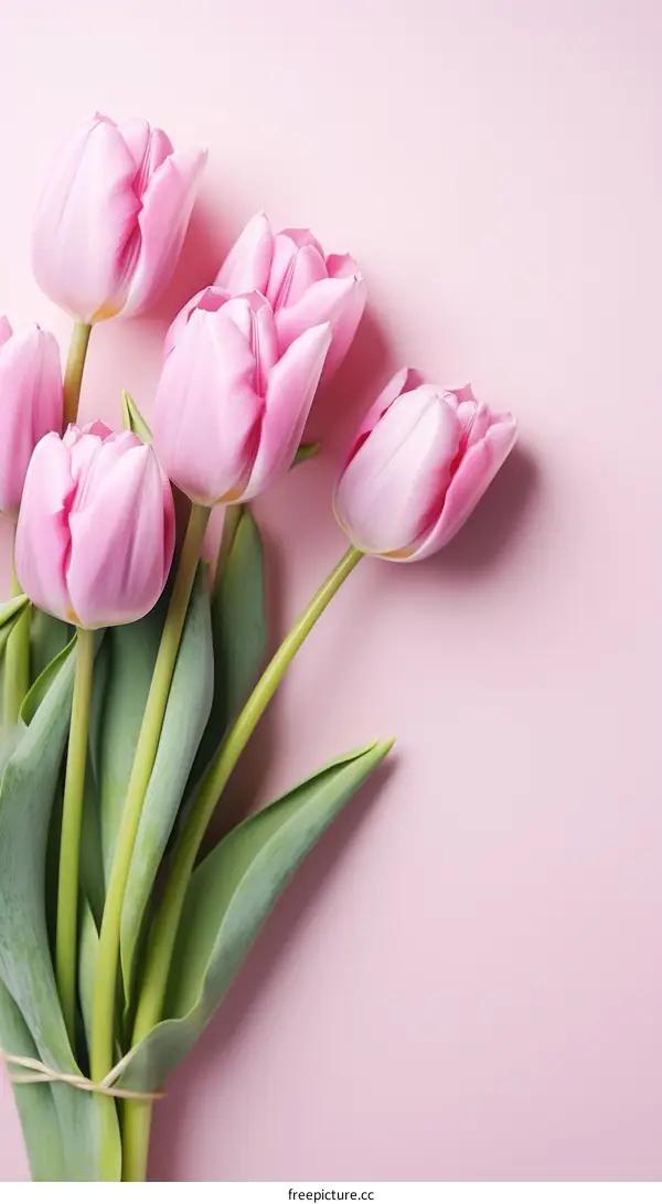 A bouquet of pink tulips on a pink background
