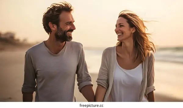 Couple Walking on the Beach at Sunset