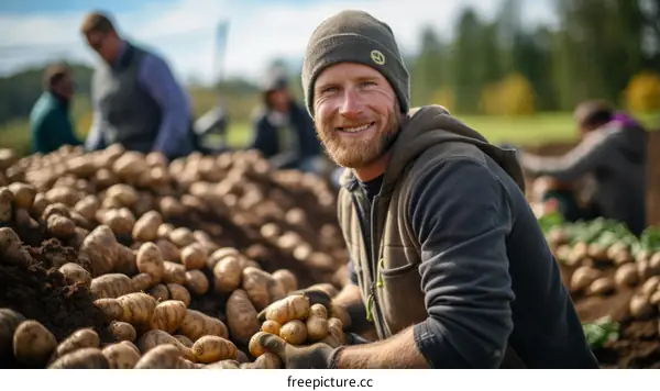 A smiling farmer holding a pile of potatoes in his hands