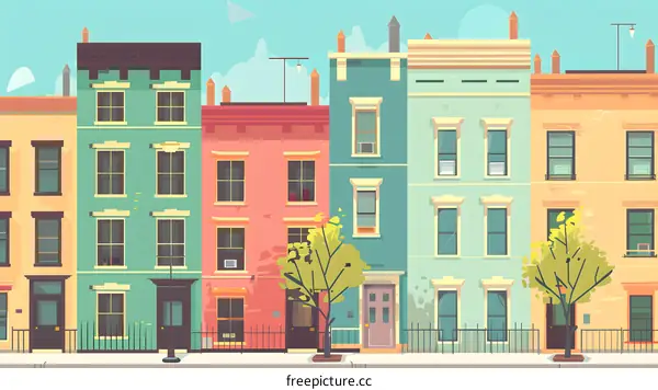 Colorful Row Houses in City Street Illustration