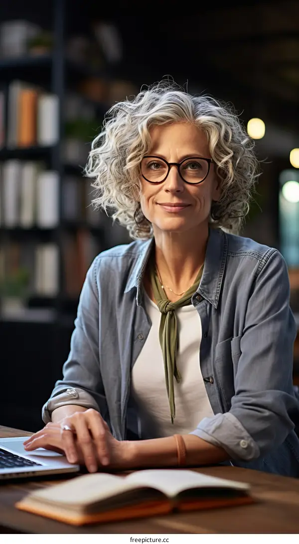 Confident businesswoman working on laptop in library