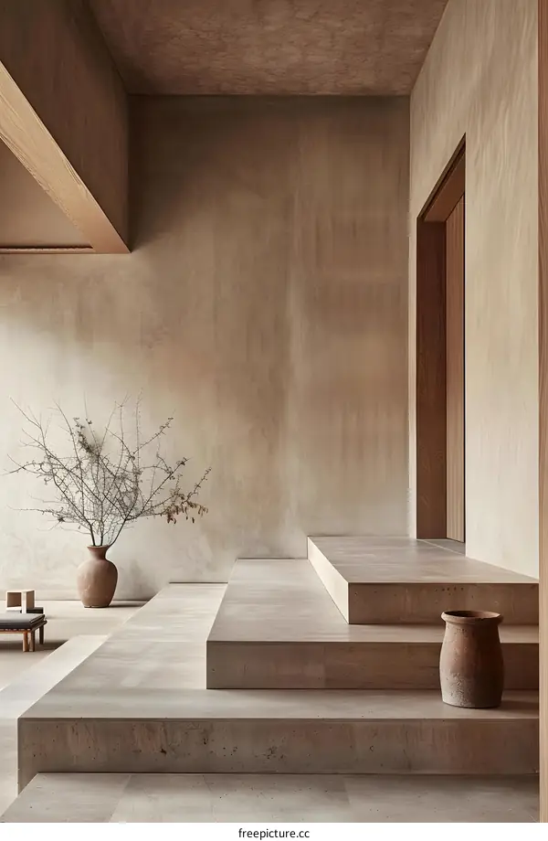 Minimalist Interior Design with Stone Stairs and Wooden Door