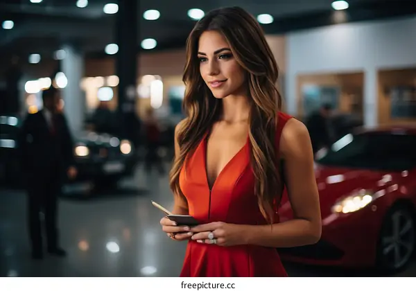 Elegant woman in red dress standing in car showroom