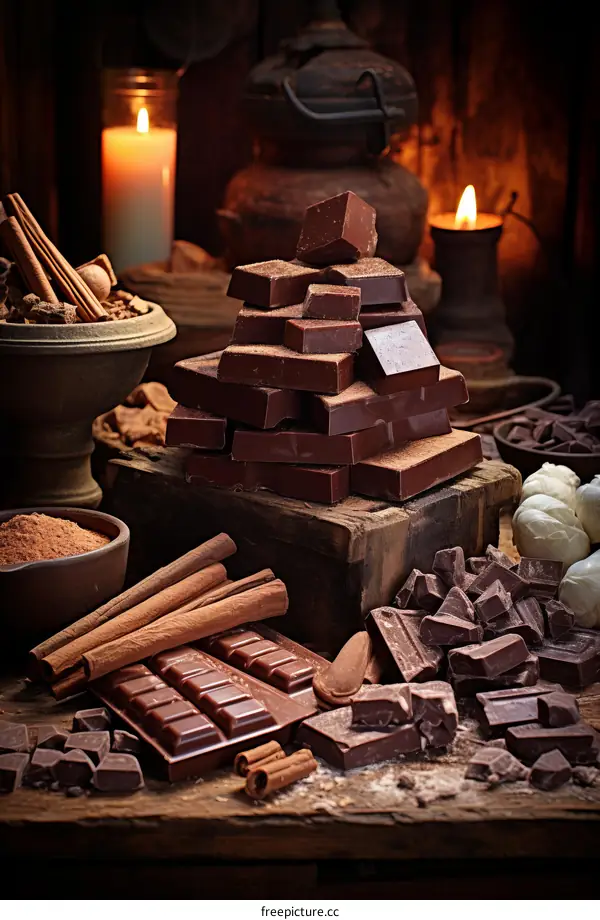 A variety of chocolate bars and pieces are arranged on a wooden table.