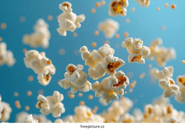 A blue background with white popcorn pieces flying through the air