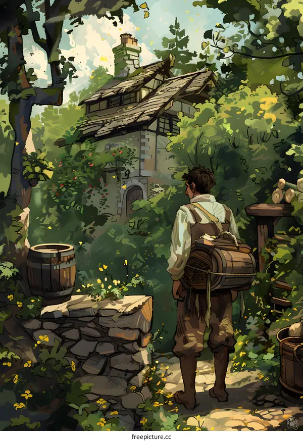 Man with Backpack Walking Toward Stone House in Woods