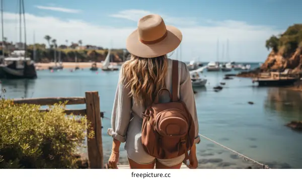 A woman standing on a dock looking at the water with a straw hat on