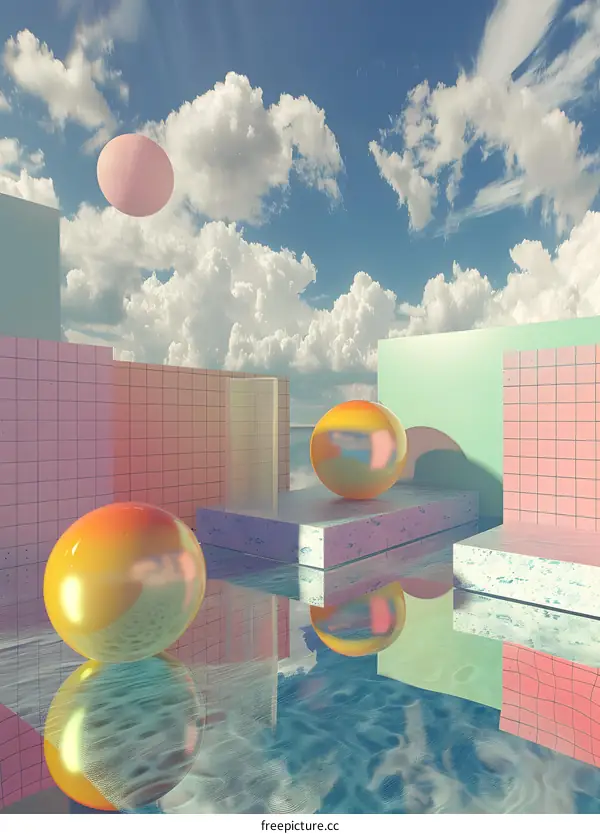 Abstract Minimalist 3D Render of Geometric Shapes and Spheres Floating in Sky