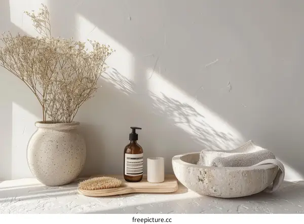 Dried flowers and toiletries on a stone table