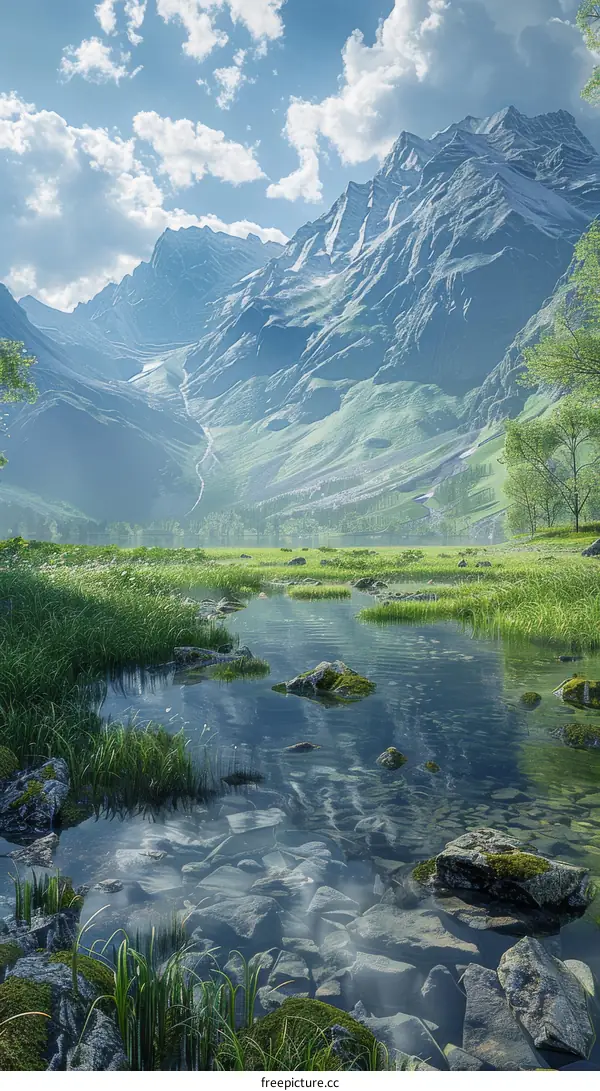 Stunning Alpine Lake with Towering Mountains and Blue Sky