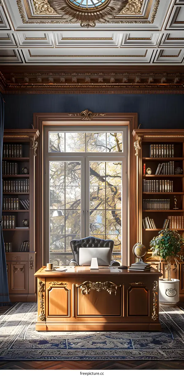 Luxurious home office interior with a large window