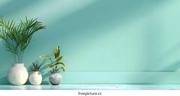 Three Green Plants in Vases Against a Turquoise Wall