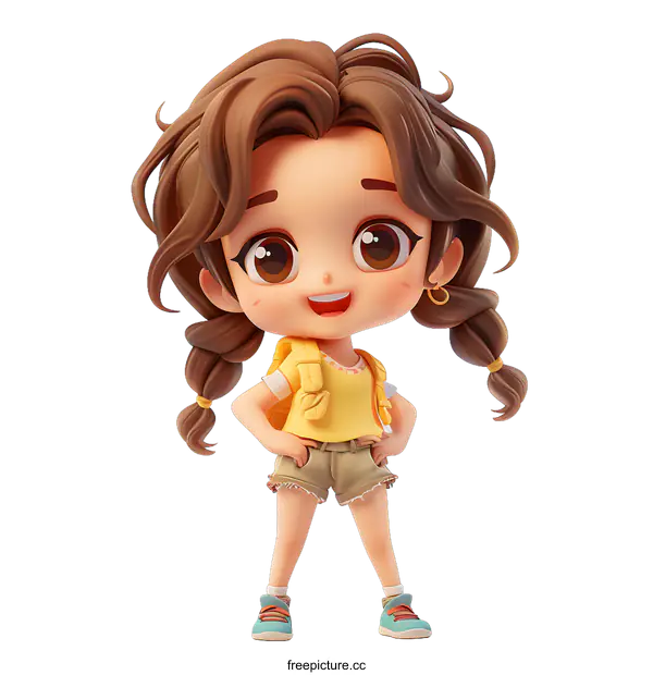 [Transparent Background PNG]A cute 3D cartoon girl with brown hair and brown eyes