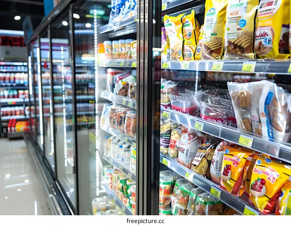 Supermarket Refrigerator Shelf with Food Products