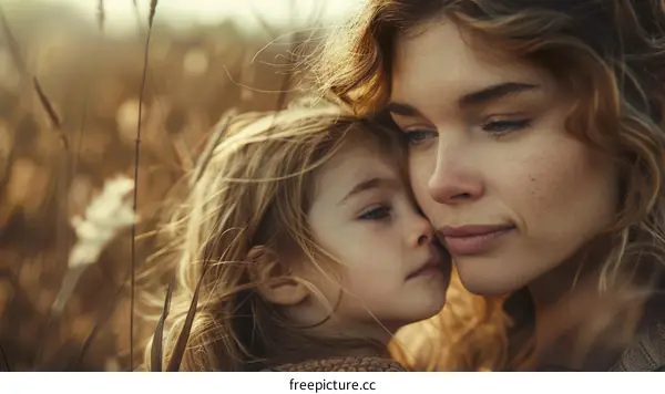 Mother and daughter in a field of wheat