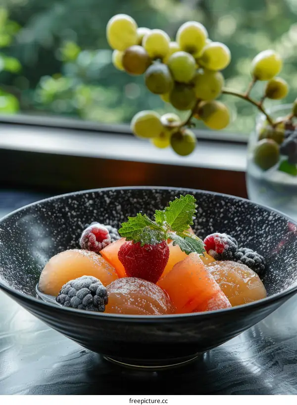 Close-up of a bowl of fruit salad with strawberries, raspberries, and blackberries