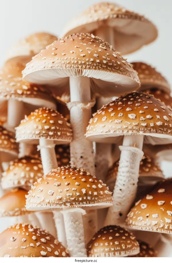 A cluster of brown Amanita muscaria mushrooms