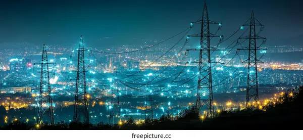 Night City Skyline with Power Lines