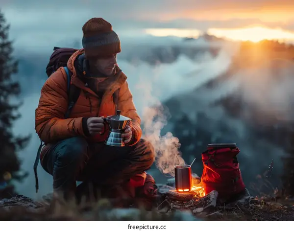 Man making coffee on a camp stove while watching the sunset over the mountains