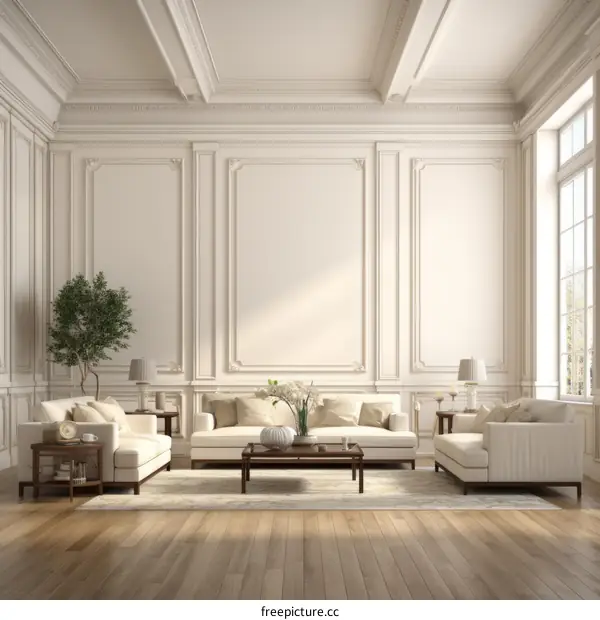 Bright spacious living room interior with white walls and hardwood floors