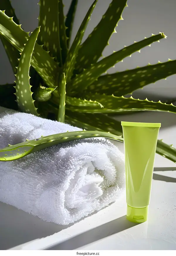 Aloe Vera Plant with Cream and Towel for Skincare