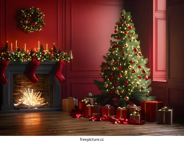 Christmas tree by the fireplace