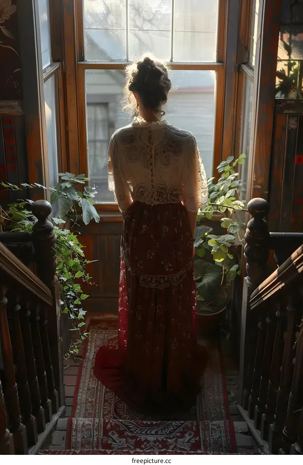 A woman in a red dress standing in a doorway