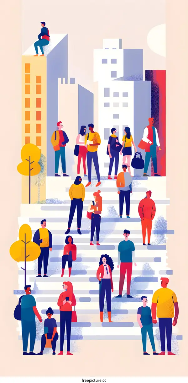 City Life Illustration with Diverse Group of People on Stairs