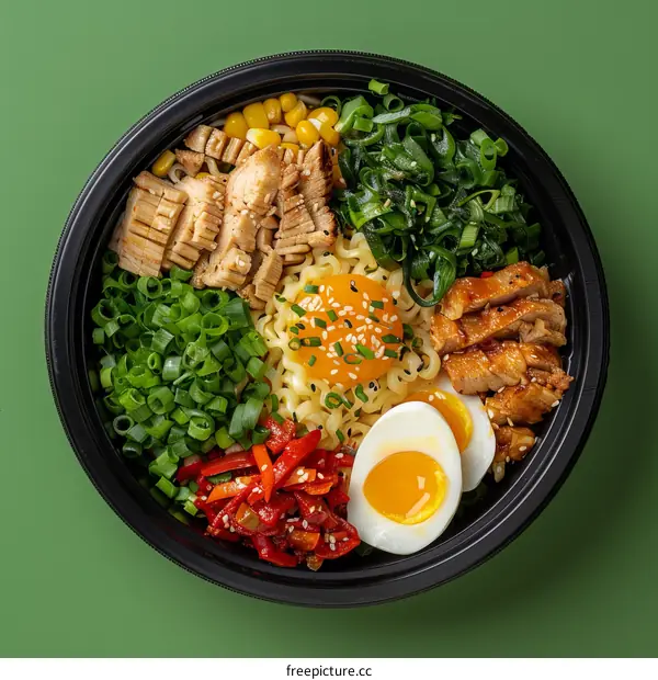 Noodles with chicken, egg, corn and vegetables in a black bowl
