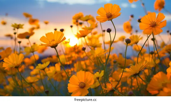 Field of yellow cosmos flowers at sunset
