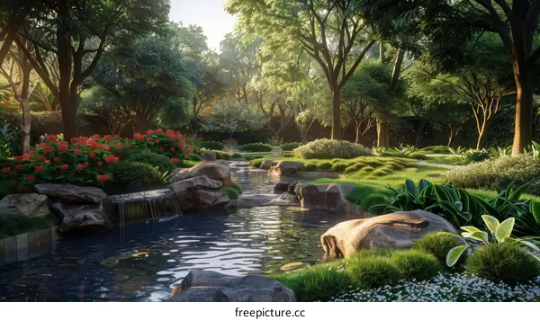 Peaceful Garden Scene with Water Feature