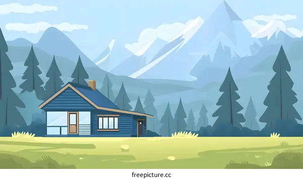 Blue Cabin In The Mountains Illustration