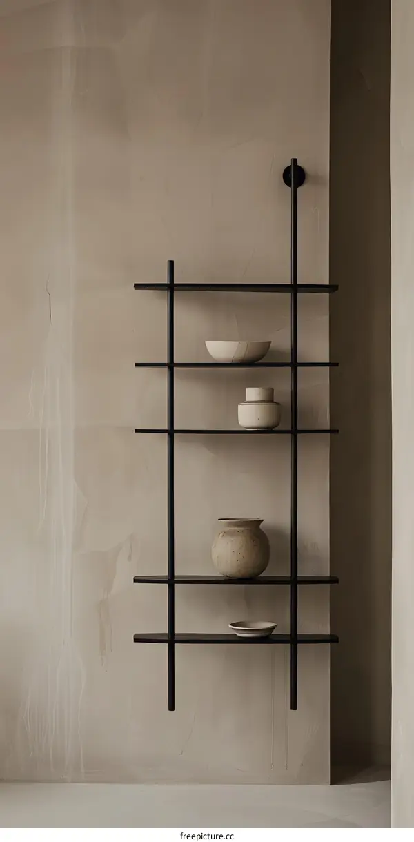Modern Minimalist Black Metal Wall Shelf with Ceramic Decorations