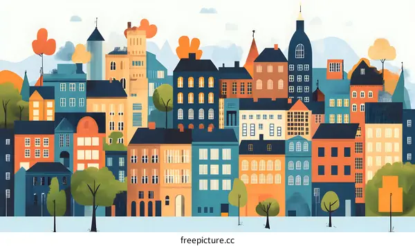 Colorful Cityscape Illustration With Buildings And Trees