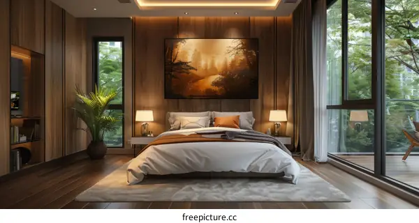 Modern bedroom interior design with wooden wall and large painting