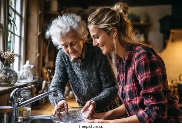 Elderly women washing dishes together in a kitchen