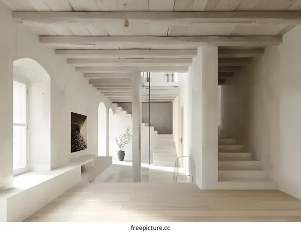Minimalist White Interior Design with Wooden Beams and Stairs